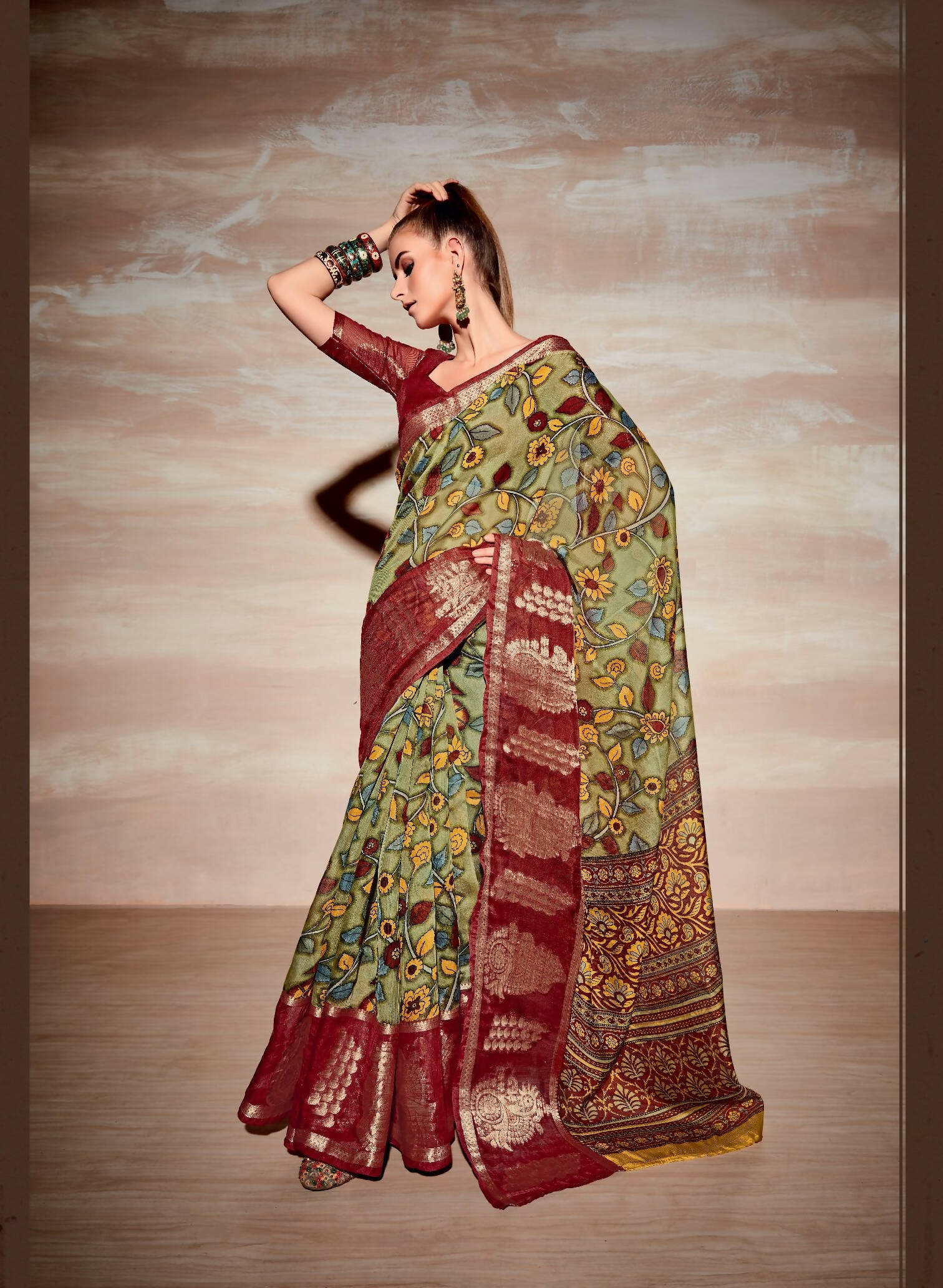 Green Cotton Floral Printed Saree With Unstitched Blouse Piece - Kathika - Distacart