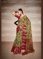 Thumbnail for Green Cotton Floral Printed Saree With Unstitched Blouse Piece - Kathika - Distacart