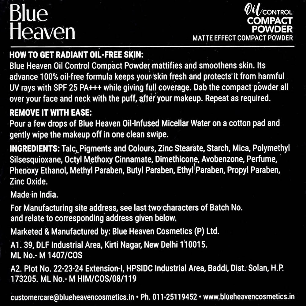 Blue Heaven Oil Control Compact Powder Matte Finish SPF 25 PA+++ Vanilla Ingredients