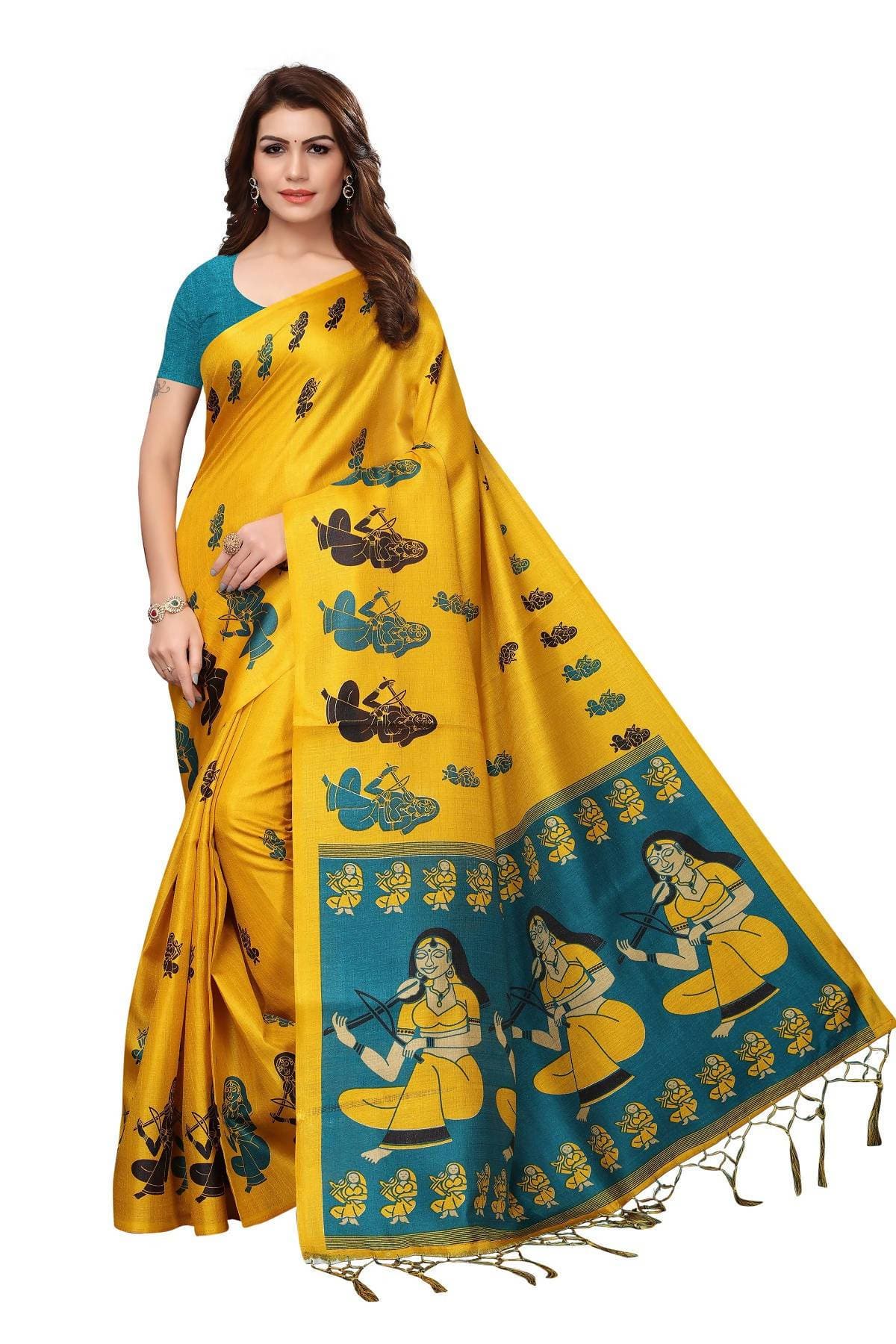 Vamika Yellow & Blue Kalamkari With Jhalar Khadi Silk Saree