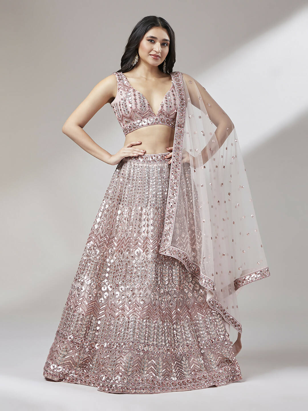 House of Panchhi Rose Gold Net Mirror & Sequinse embroidery Lehenga choli & Dupatta - Distacart