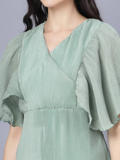 Myshka Chiffon Solid Short Sleeve V Neck Green Women Dress - Distacart