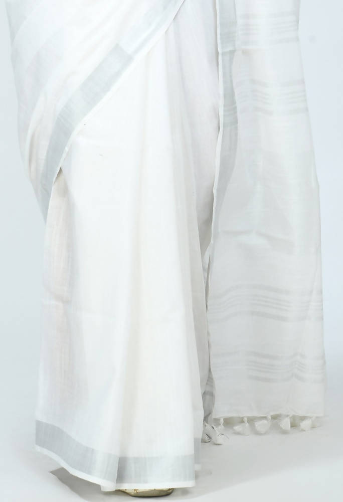 Mominos Fashion Moeza Bhagalpuri Handloom Silk White Saree