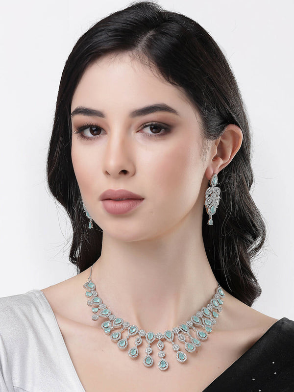 NVR Women Silver Plated & Turquoise Cz Stone Handcrafted Jewellery Set - Distacart