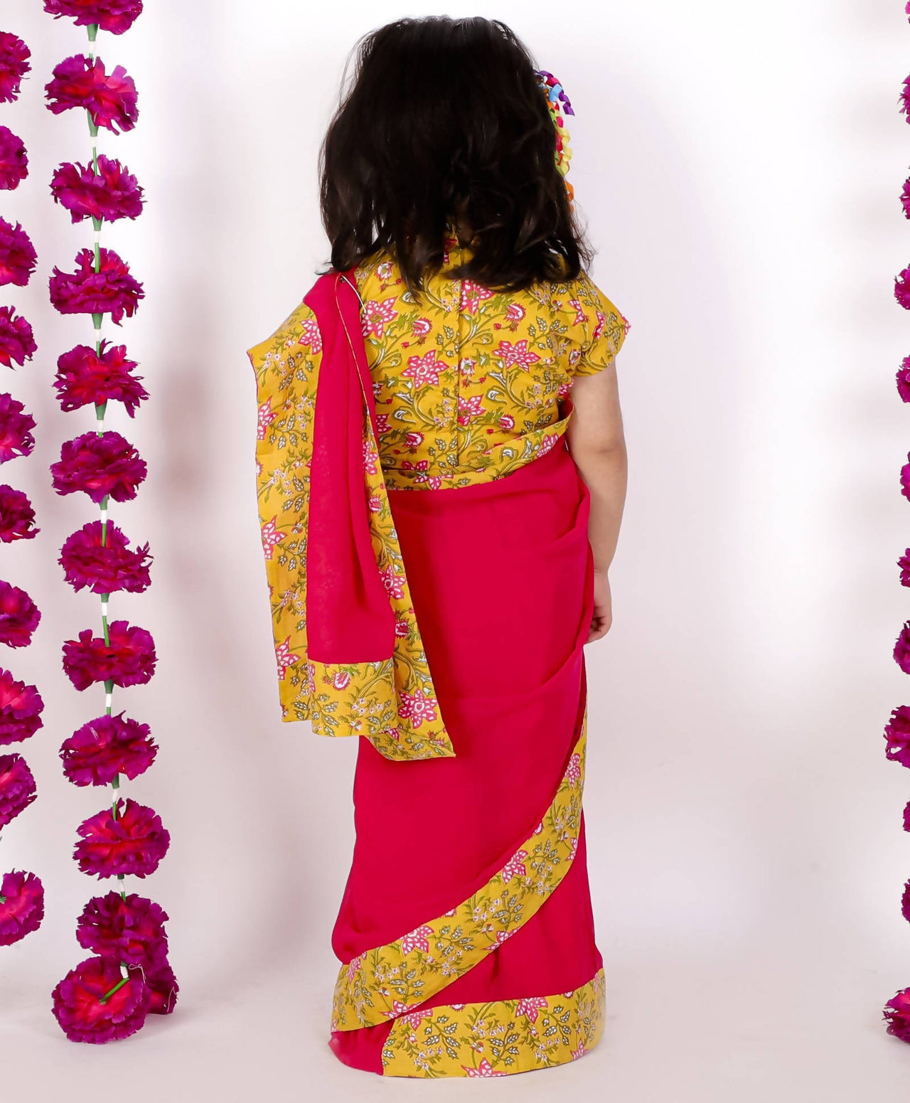 Little Bansi Yellow and Magenta Red Saree with Floral Blouse - Distacart