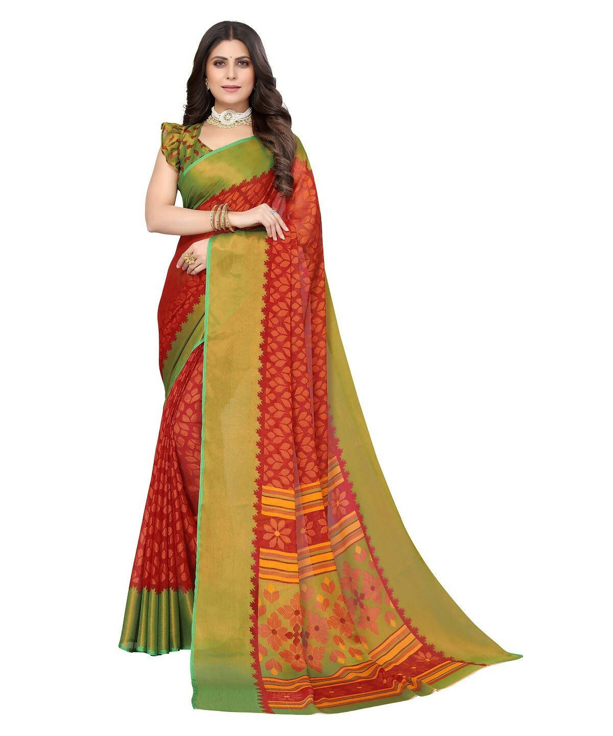 Vamika Red Chiffon Brasso Bollywood Style Woven Saree (ALIZA RED) - Distacart