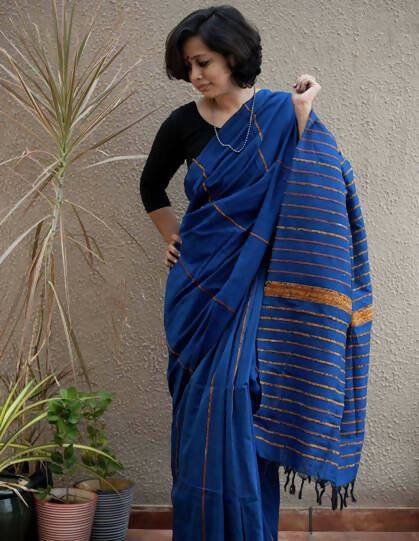 Exclusive Collection Khadi Cotton Handloom Khesh Saree With Blouse Piece - Blue - Distacart