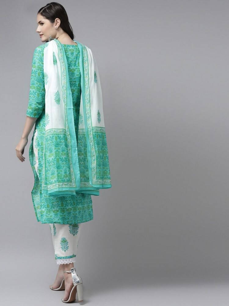 Yufta Green & White Ethnic Motifs Printed Mirror Work Kurta with Palazzo & Dupatta