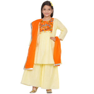 Little Bansi Yellow and Orange Color Mirror work Kurta frock with Sharara and Dupatta