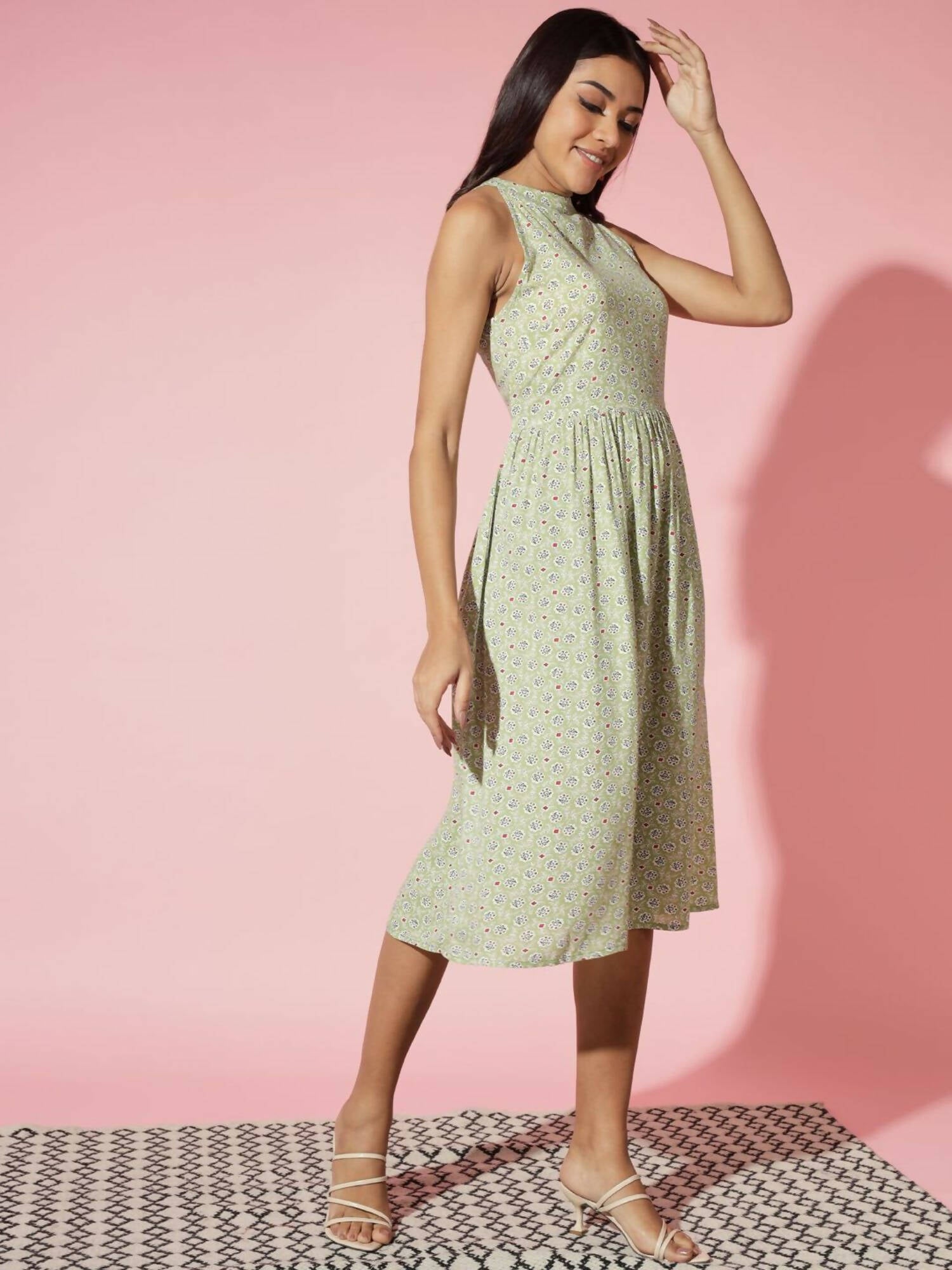 Myshka Women Ethnic Motifs Rayon A-Line Round Neck Green Dress - Distacart
