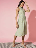 Thumbnail for Myshka Women Ethnic Motifs Rayon A-Line Round Neck Green Dress - Distacart