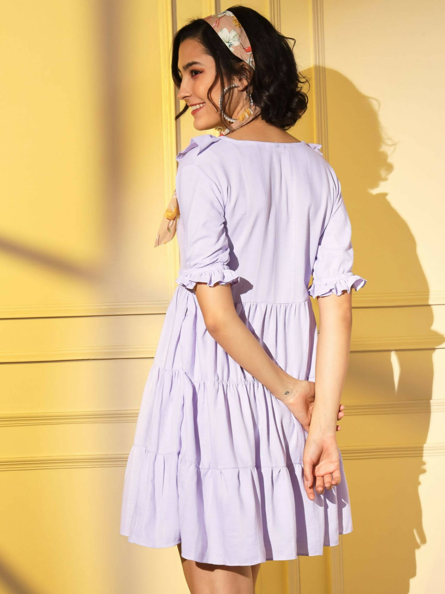 Purple Viscose Texture Flared Dress - Shivani - Distacart