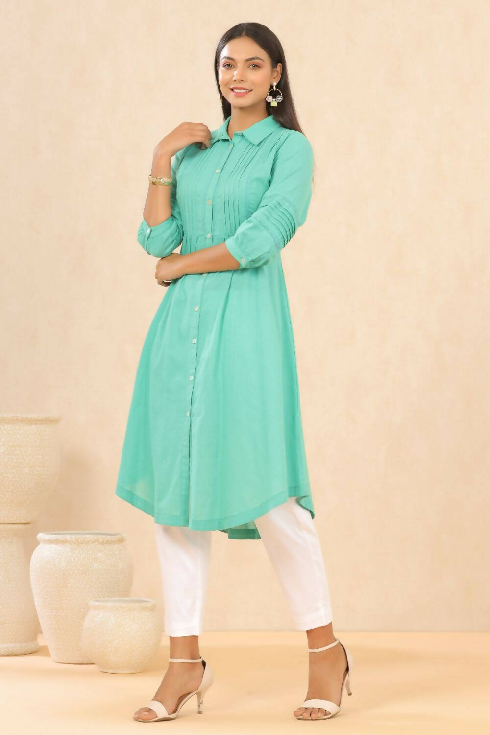 Juniper Womens Blush Turquoise Cotton Slub Solid Mid Length Shirt Dress With Lace Detailing - Distacart