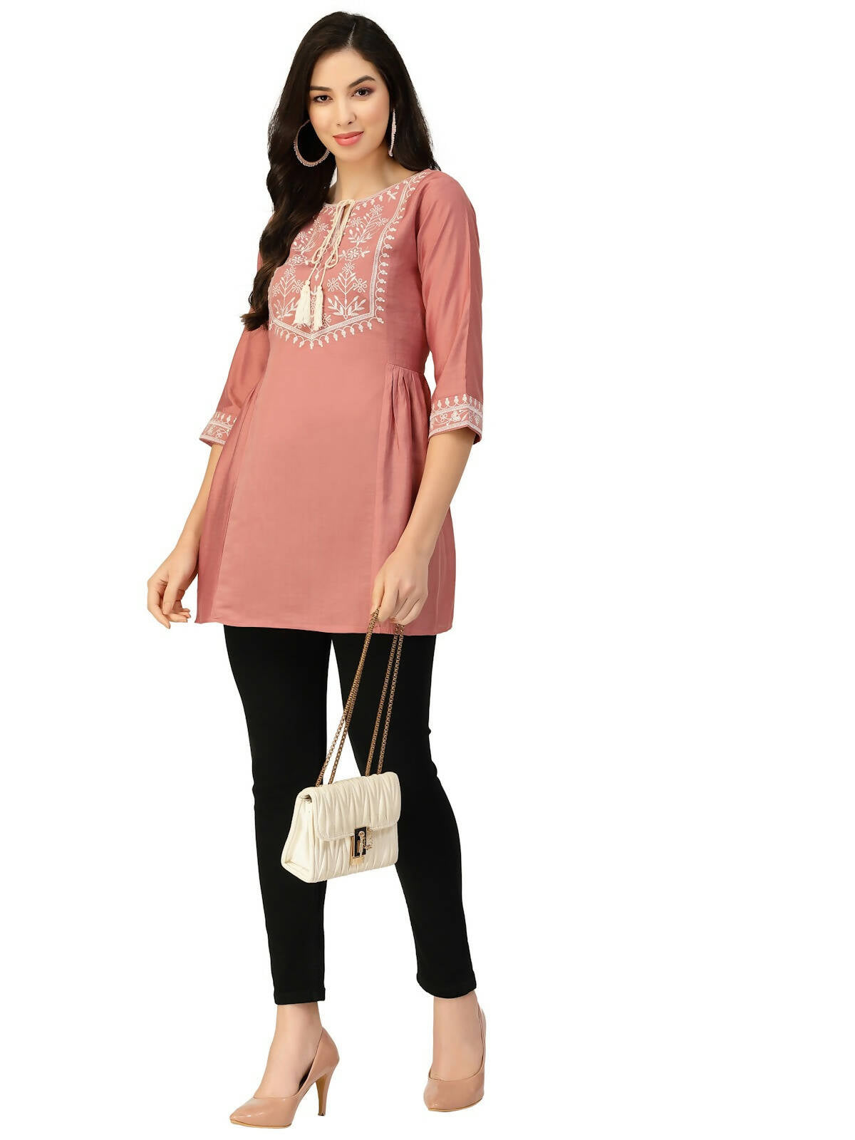 Peach Chinon Slub Floral Embroidered Top - Zeny - Distacart