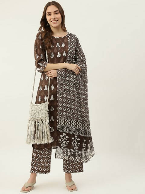 FIORRA Women's Brown Cotton Straight Kurta Pant With Dupatta - Distacart