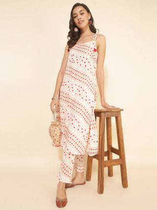 Janasya Women's White Cotton Geometric Printed Casual A-line Co-ords - Distacart