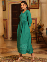 Thumbnail for Juniper Women's Teal Festive Embroiderd Flared Dress - Distacart