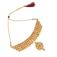 Thumbnail for Mominos Fashion Johar Kamal Gold-Plated Brass Finish Kundan/Stone Choker For Women (Golden) - Distacart