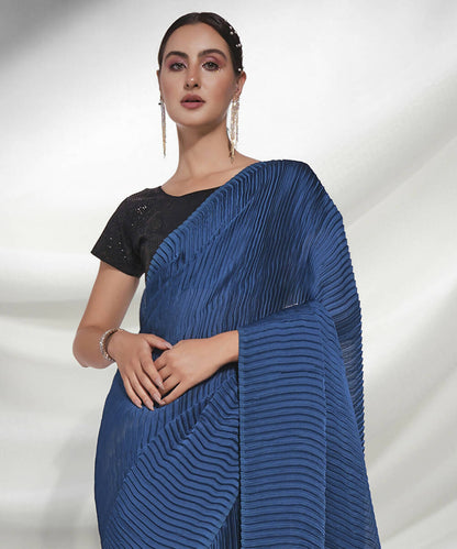 Teal Georgette Solid Texture Saree With Unstitched Blouse Piece - Rajal - Distacart