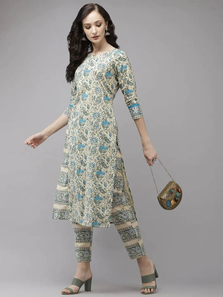 Yufta Women Beige Floral Printed Regular Pure Cotton Kurta with Trouser