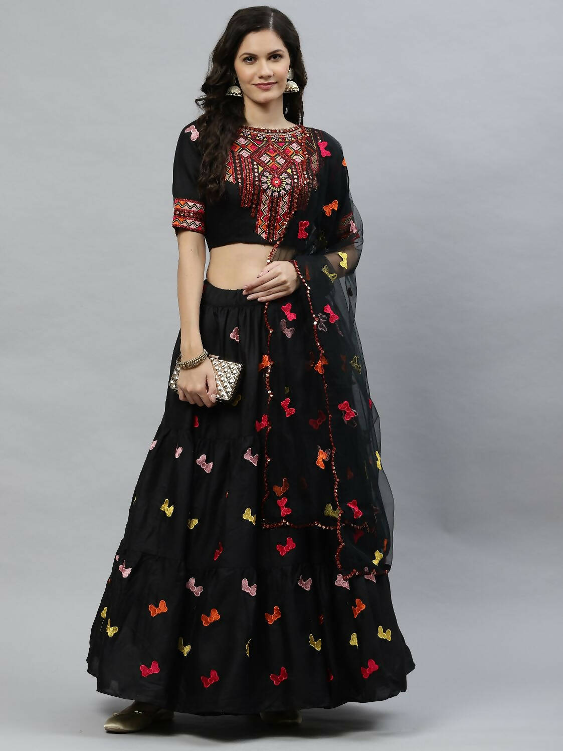 Black Cotton Embroidered Work Lehenga Choli with Dupatta - Jivika - Distacart