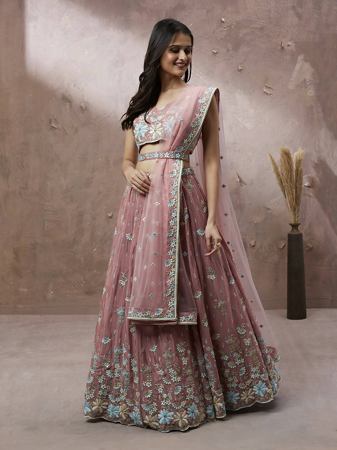 House of Panchhi Coral Pure Georgette Sequins with heavy Zarkan embroidery Lehenga choli & Dupatta - Distacart