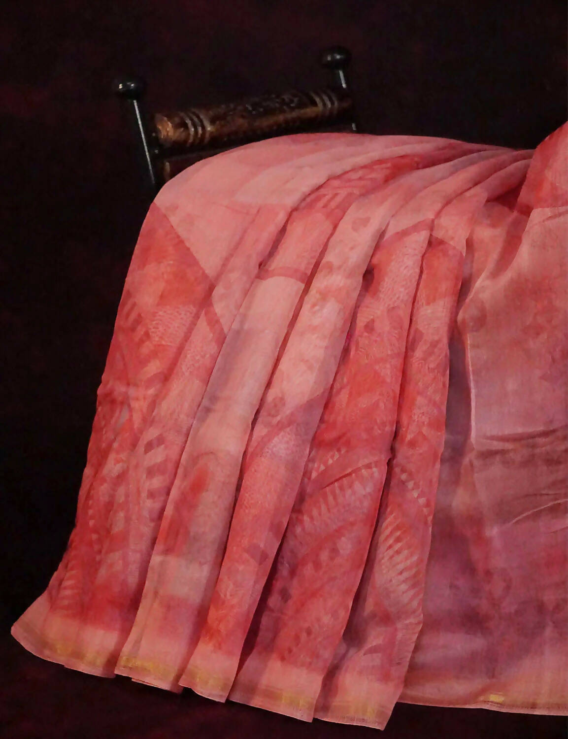 Peachish Orange Colour Abstract Print Semi Chanderi Saree By Gayathri Reddy Designer Studio - Distacart