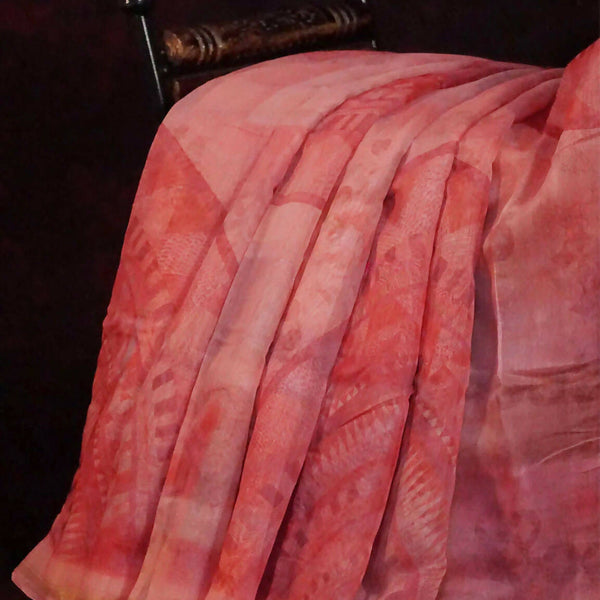 Peachish Orange Colour Abstract Print Semi Chanderi Saree By Gayathri Reddy Designer Studio - Distacart