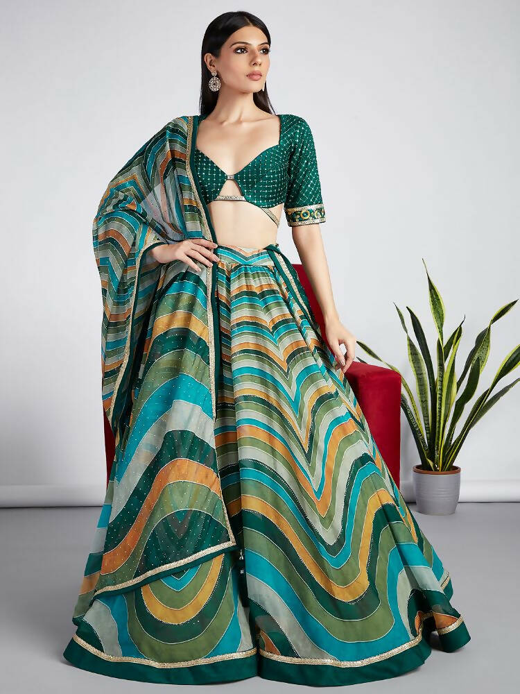 House of Panchhi Green Organza Siroski Stone Work Leheriya Print Lehenga Choli & Dupatta - Distacart
