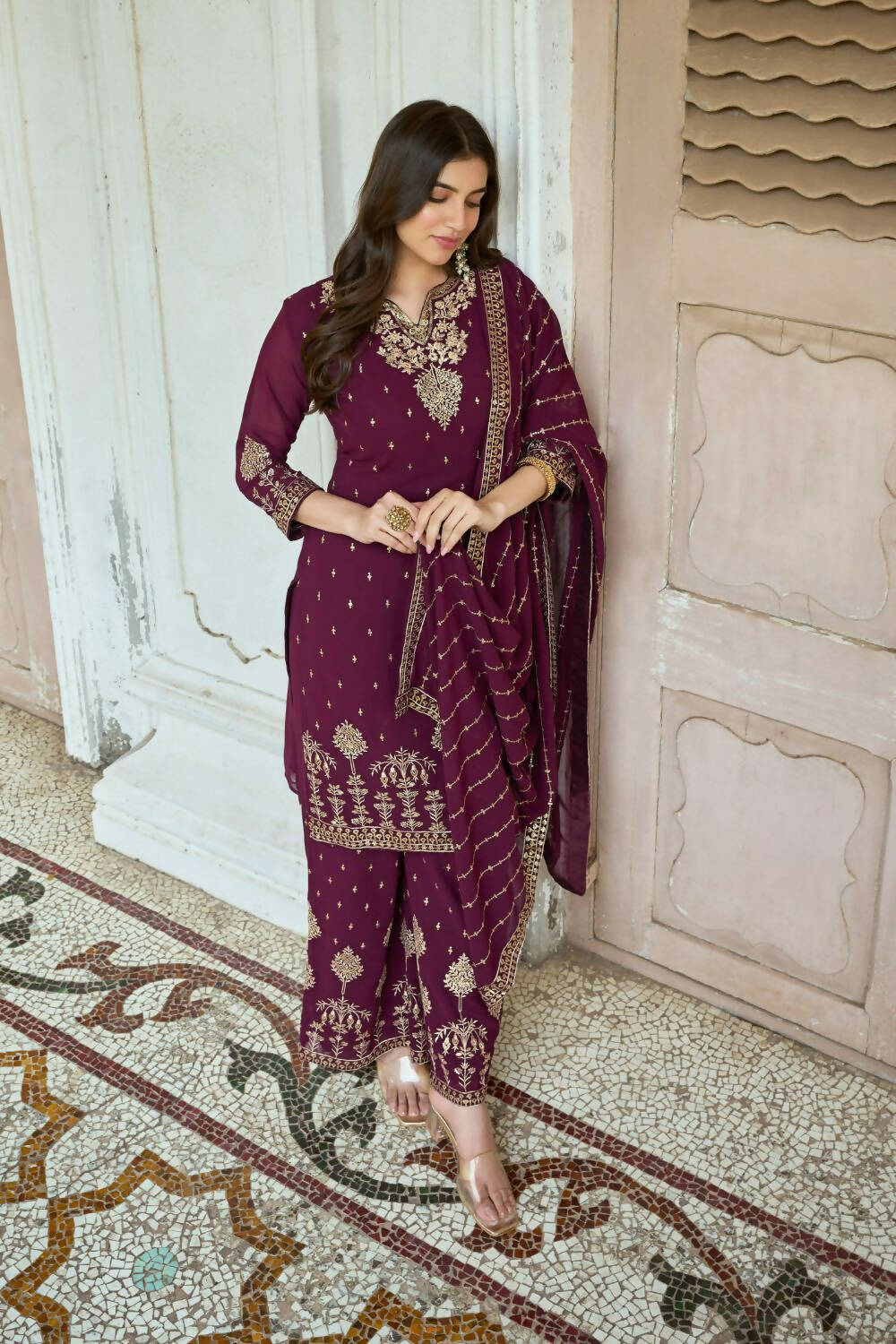 Wine Heavy Fox Georgette Embroidered Semi Stitched Suit - Dhvani - Distacart
