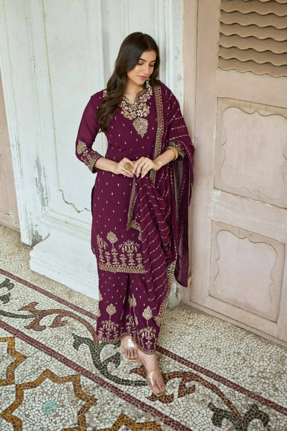 Wine Heavy Fox Georgette Embroidered Semi Stitched Suit - Dhvani - Distacart