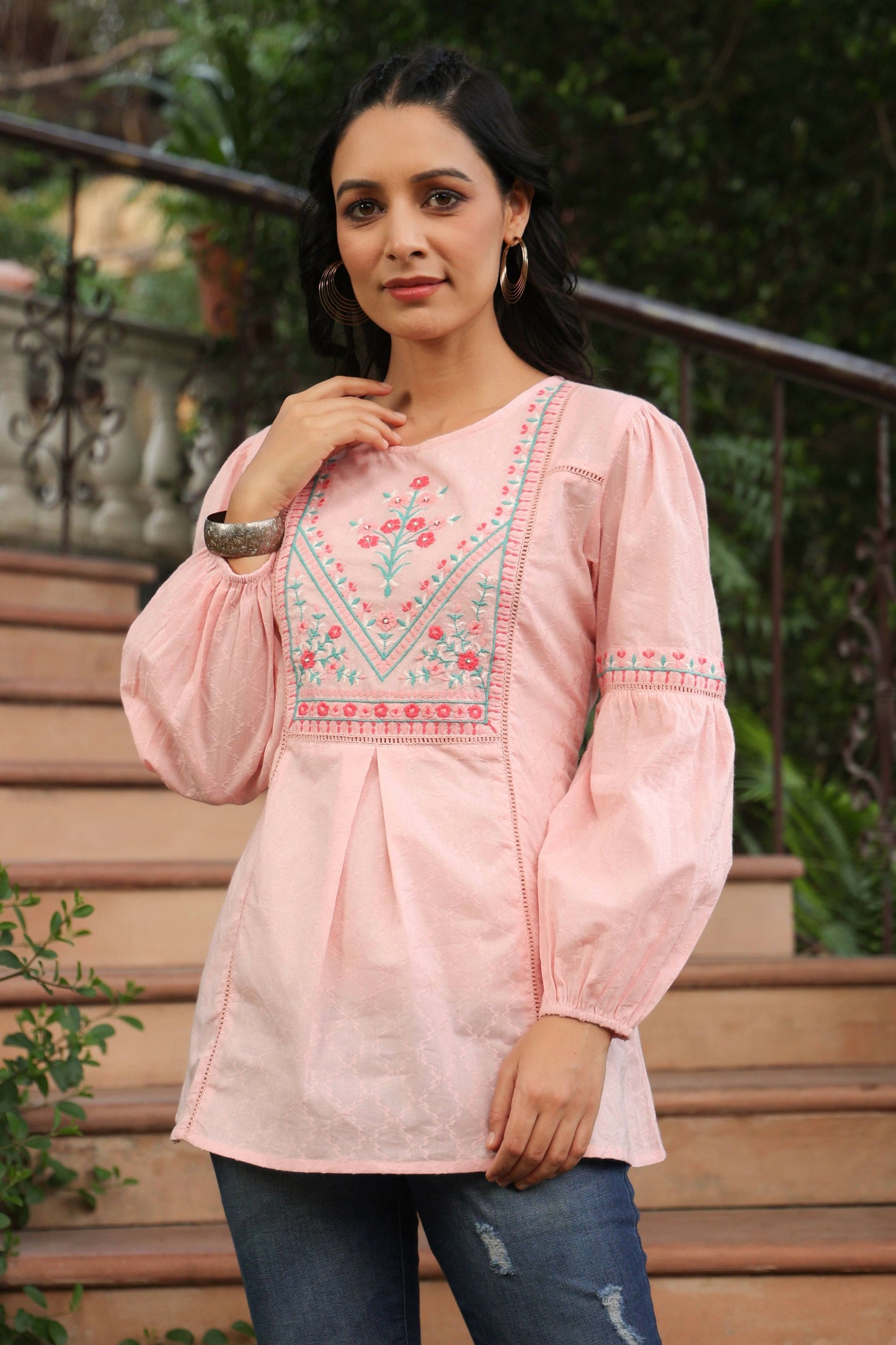 Juniper Women's Peach Cotton Dobby Solid Embroidered Straight Tunic - Distacart