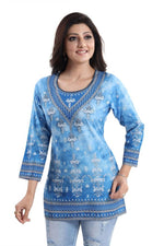 Thumbnail for Snehal Creations Novelista Sky Blue Faux Crepe Printed Short Kurti Tunic