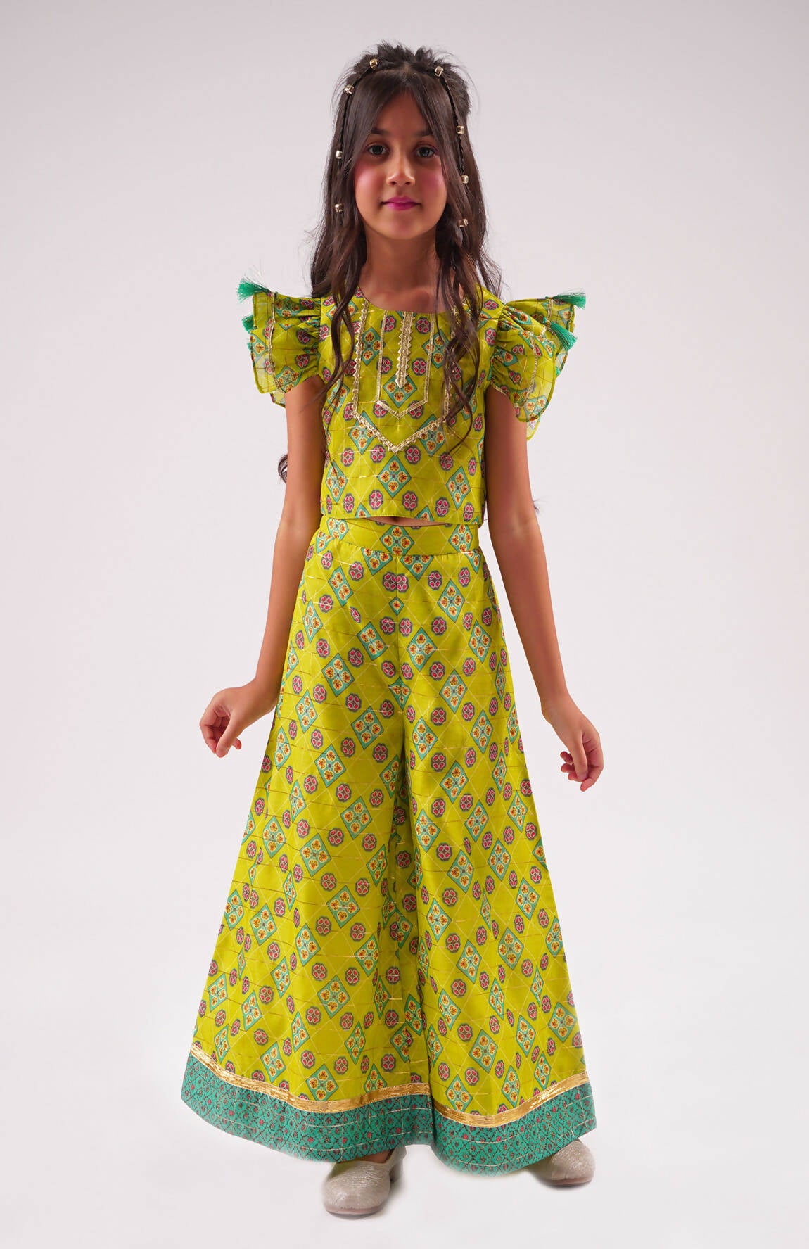 Lil Drama Raangoli Crop Top With Palazzo Co-Ordinate Set - Green - Distacart