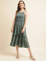 Thumbnail for Green Cotton Solid Flared Dress with Printed Shrug - Yukti - Distacart