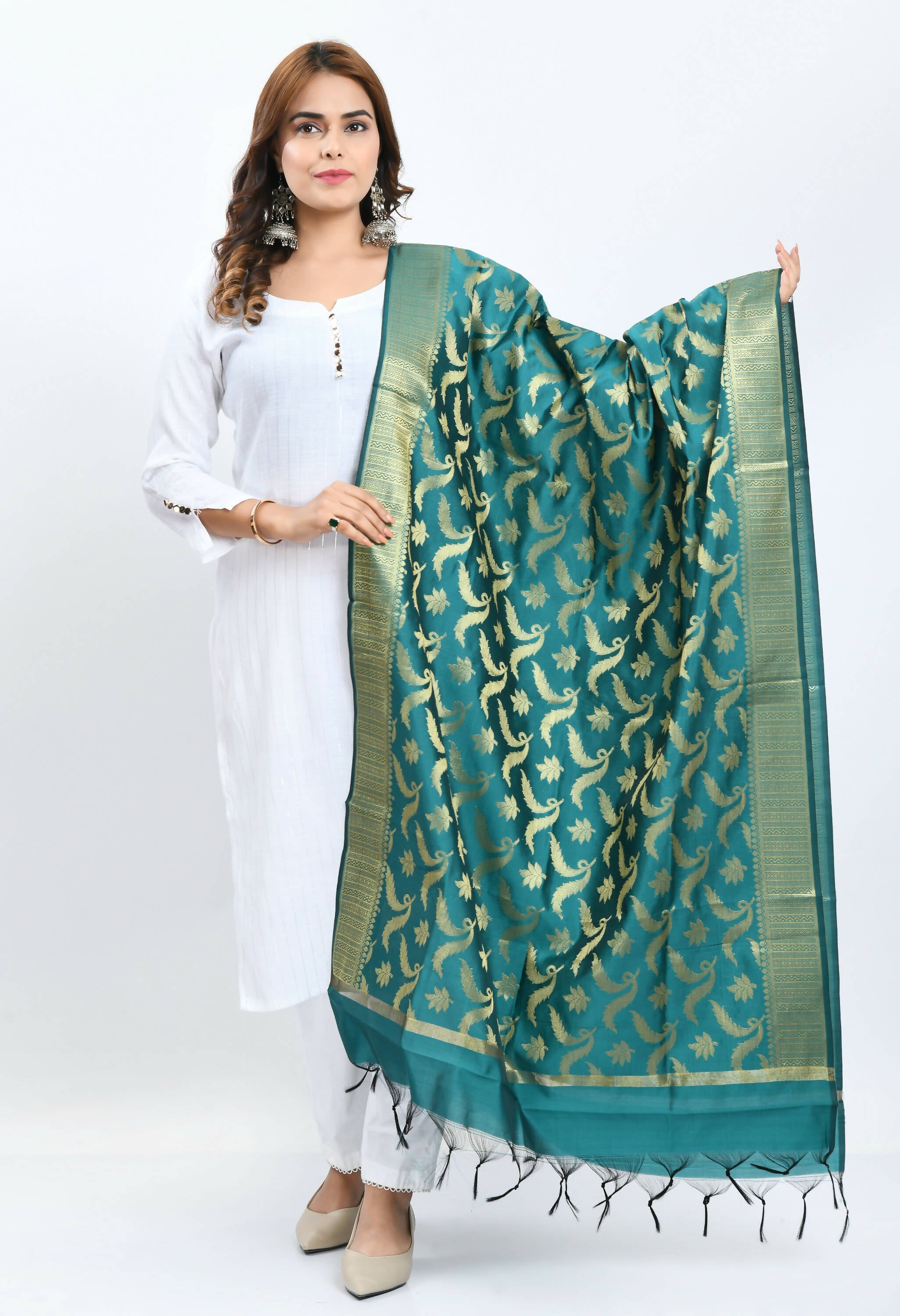 Mominos Fashion Moeza Women's Banarsi Silk Floral Woven Design Rama Green Dupatta - Distacart