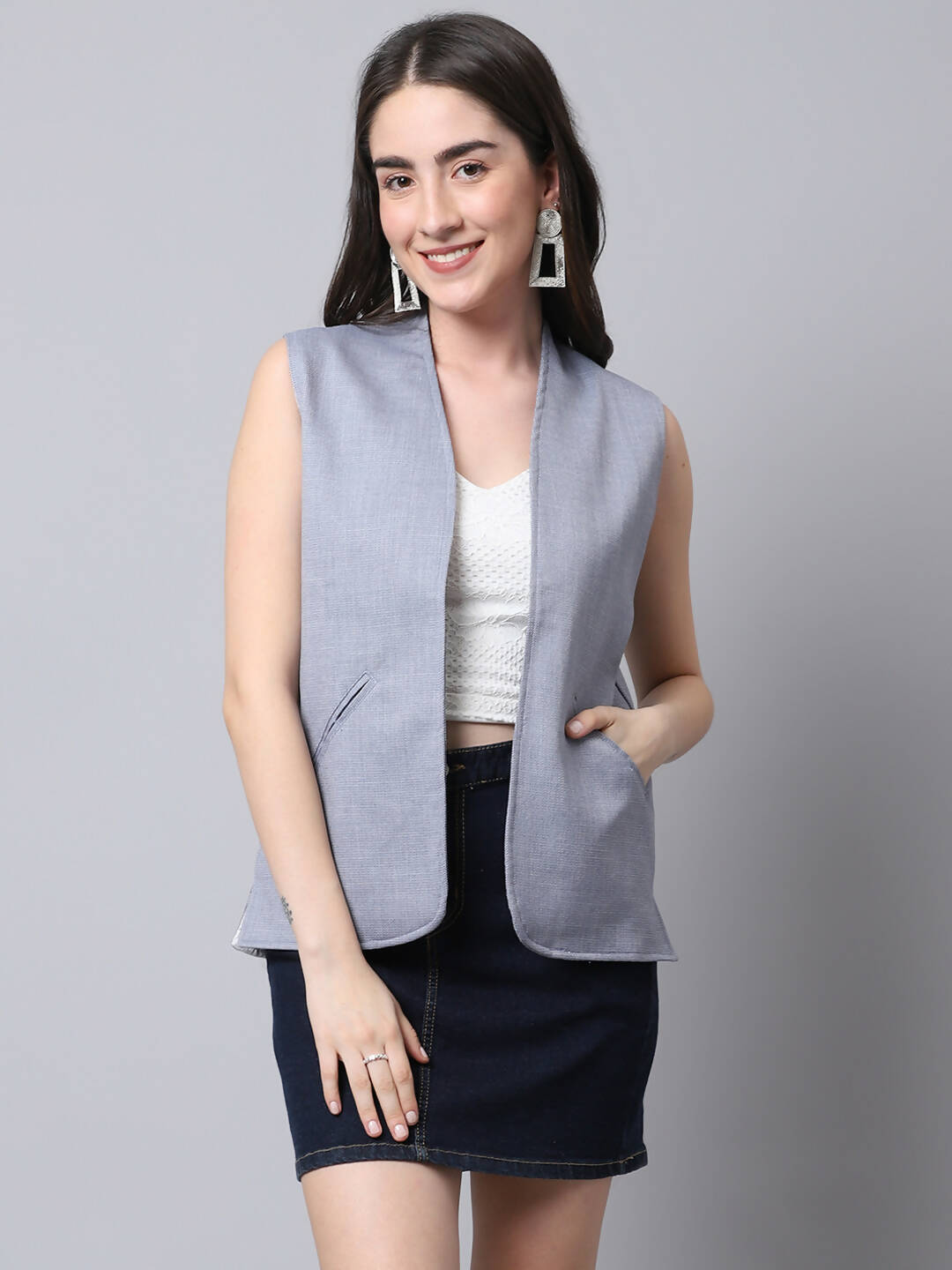 Even Apparels Grey Polyblend Open Front Women's Waistcoat - Distacart