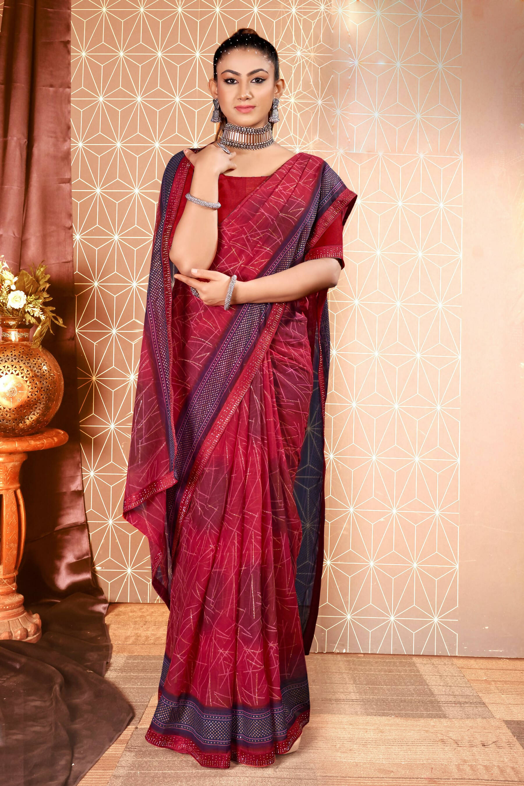 Maroon Chiffon Abstract Printed Saree With Unstitched Blouse Piece - Rajal - Distacart
