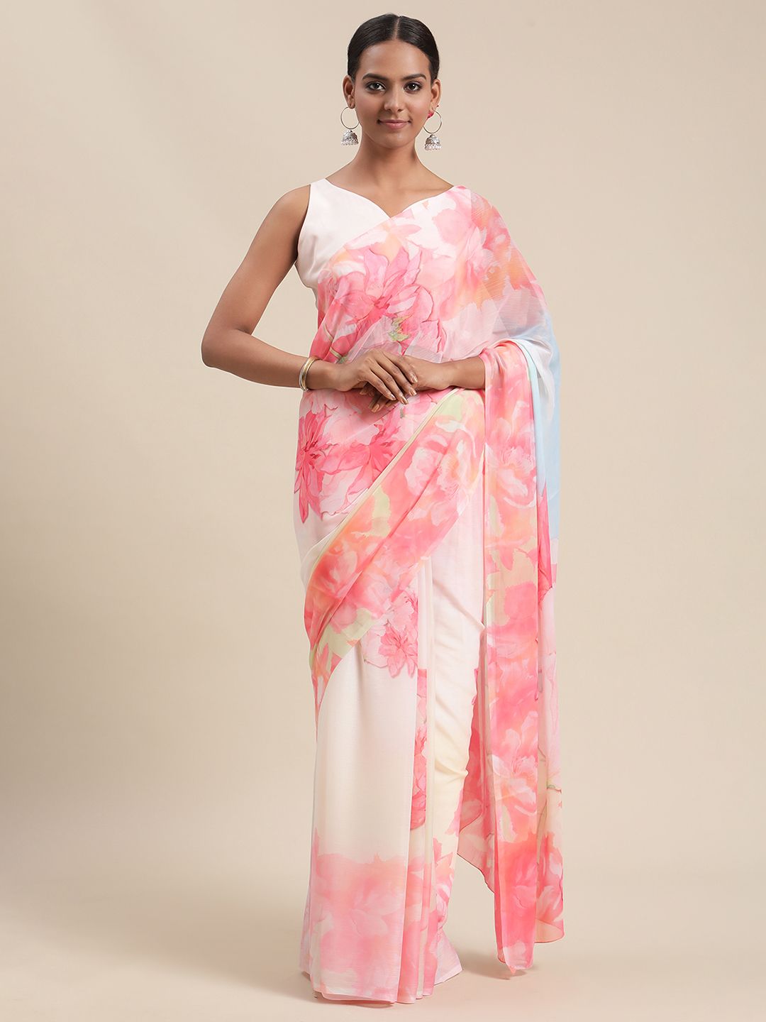 Ahalyaa Women's Light Pink Colour Chiffon Digital Print Floral Saree - Distacart