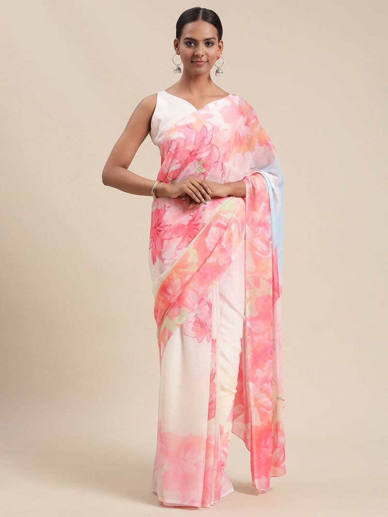 Ahalyaa Women&#39;s Light Pink Colour Chiffon Digital Print Floral Saree - Distacart