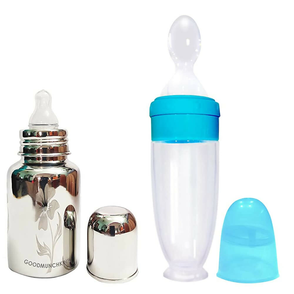 Goodmunchkins Stainless Steel Feeding Bottle 304 Grade Jointless & Spoon Food Feeder for Baby Nipple Feeder 150 ml Combo Pack-Blue - Distacart