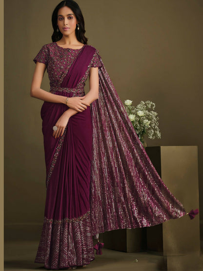 Maroon Crystal Silk Sequence Embroidered Saree With Stitched Blouse - Mohmanthan La Belle - Distacart