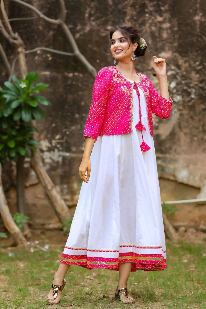 Yufta White and Pink Dress with Ethnic Jacket