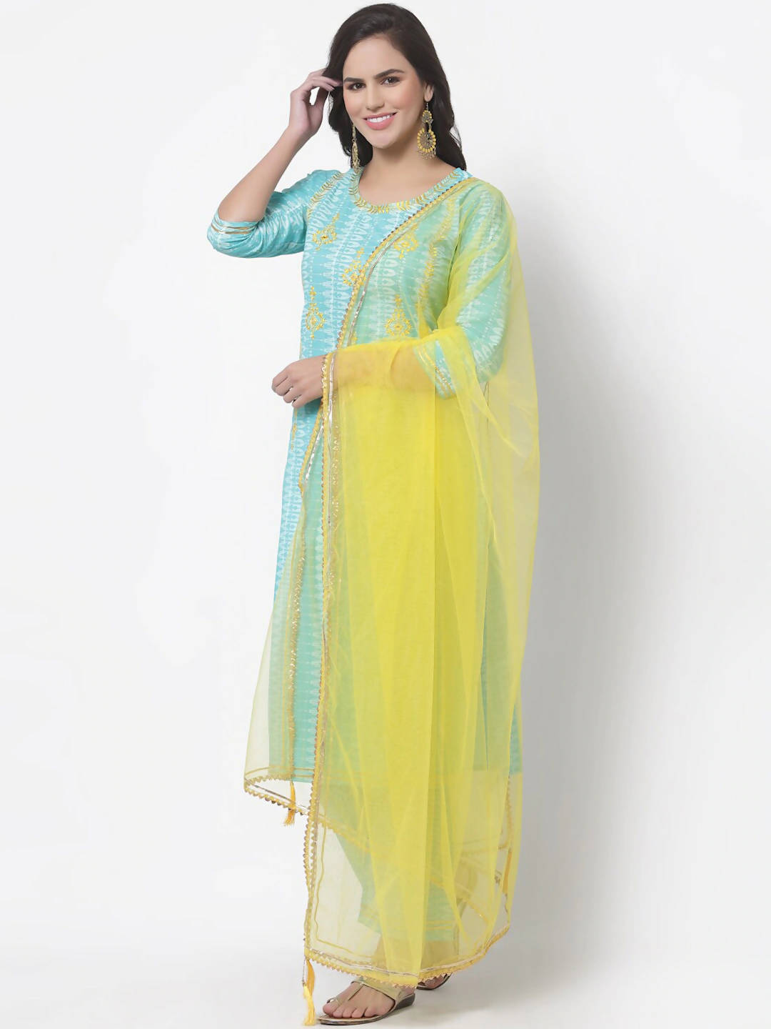 Myshka Women Turquoise Blue Layered Pure Cotton Kurti With Trousers & Dupatta - Distacart