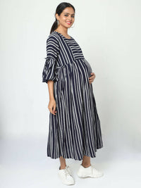 Thumbnail for Manet Three Fourth Maternity Dress With Concealed Zipper Nursing Access - Navy Blue - Distacart
