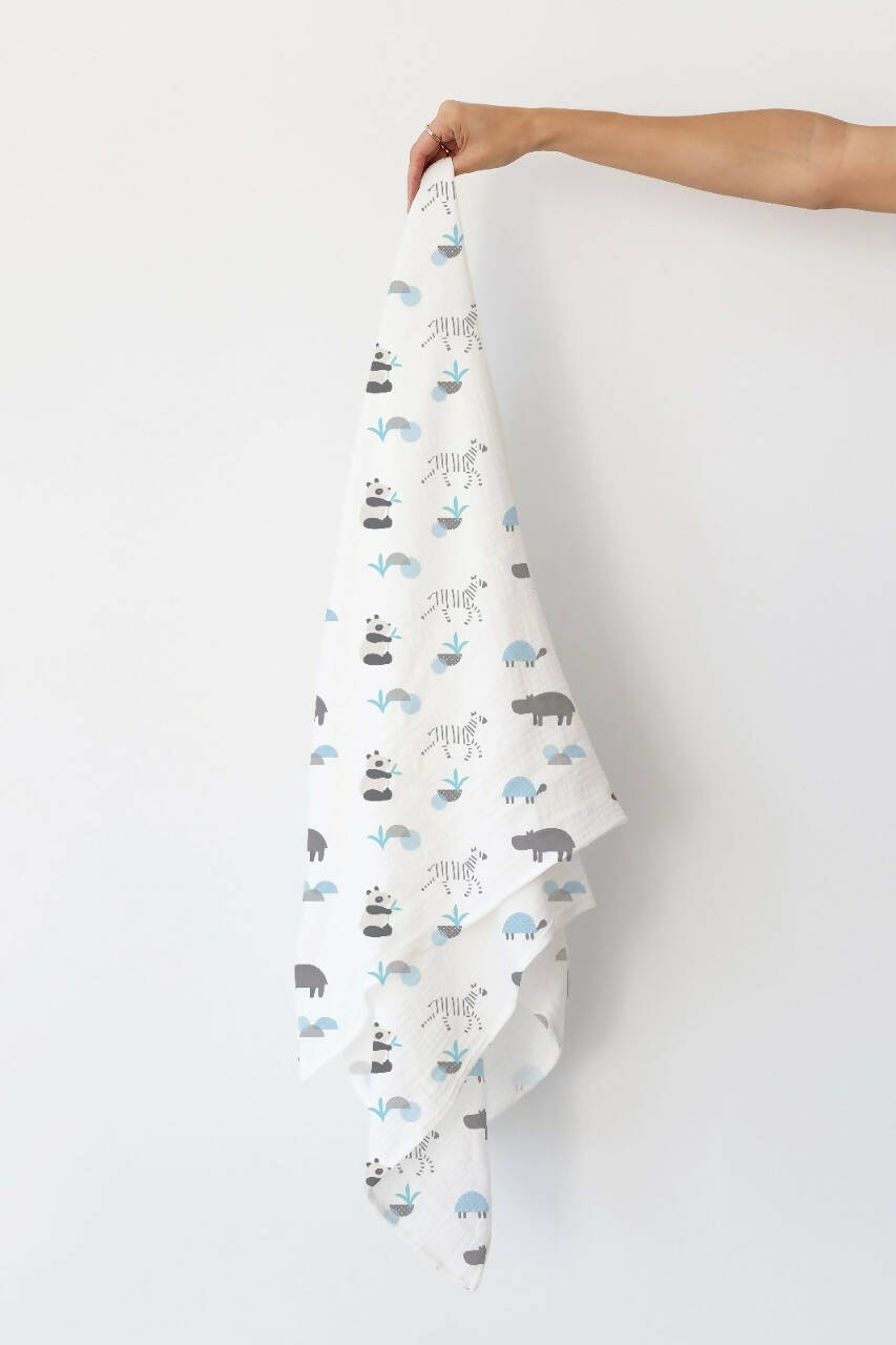 Kindermum Organic Cotton Muslin Swaddle Blanket 100 Cm X 100 Cm - Set Of 2 - Jungle Safari And Tiny Animals - Distacart