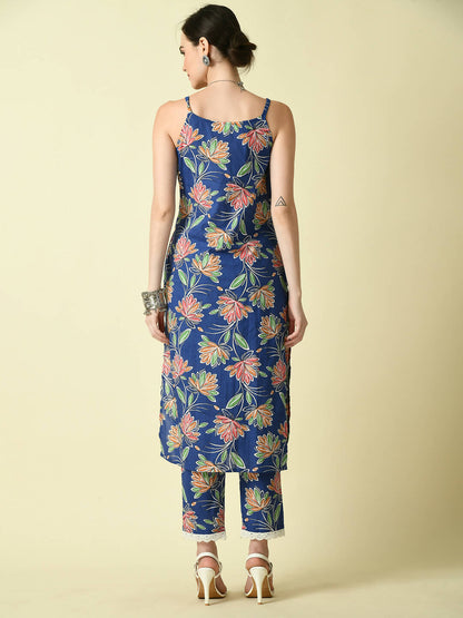 Myshka Women's Blue Printed Kurta With Trouser - Distacart