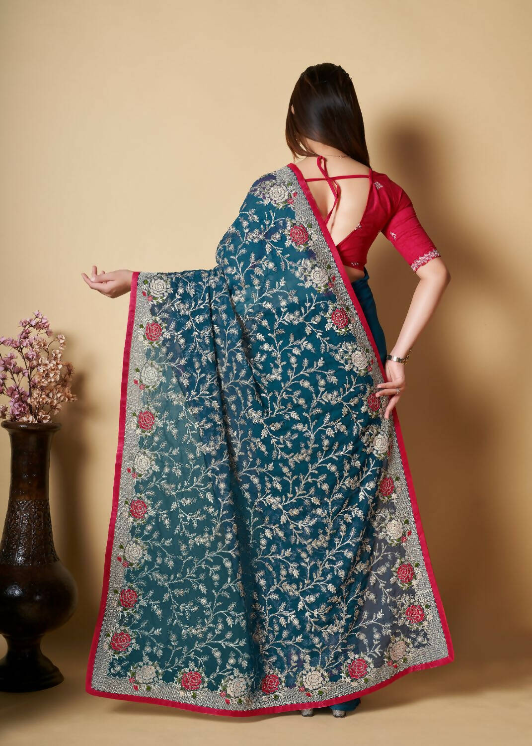 Vastrasky Teal Organza Saree - Distacart
