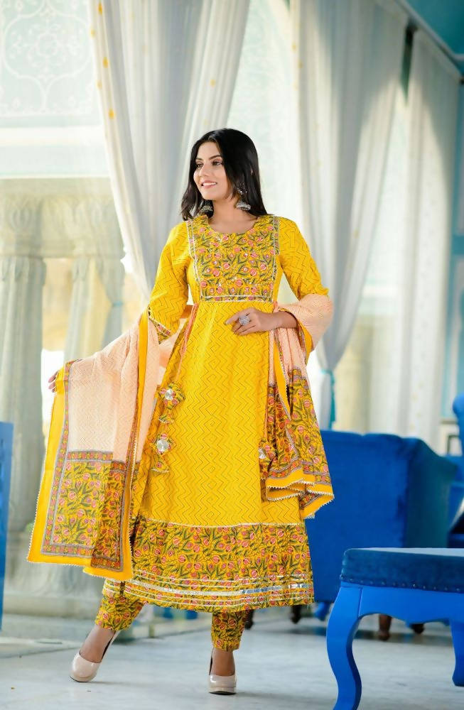 Yufta Women Yellow Handblock Anarkali Kurta with Trouser & Dupatta