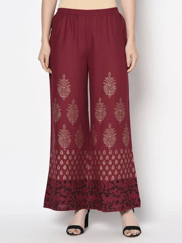 Aniyah Rayon Maroon Color Block Print Flared Slip-On Palazzo (AN-183K)